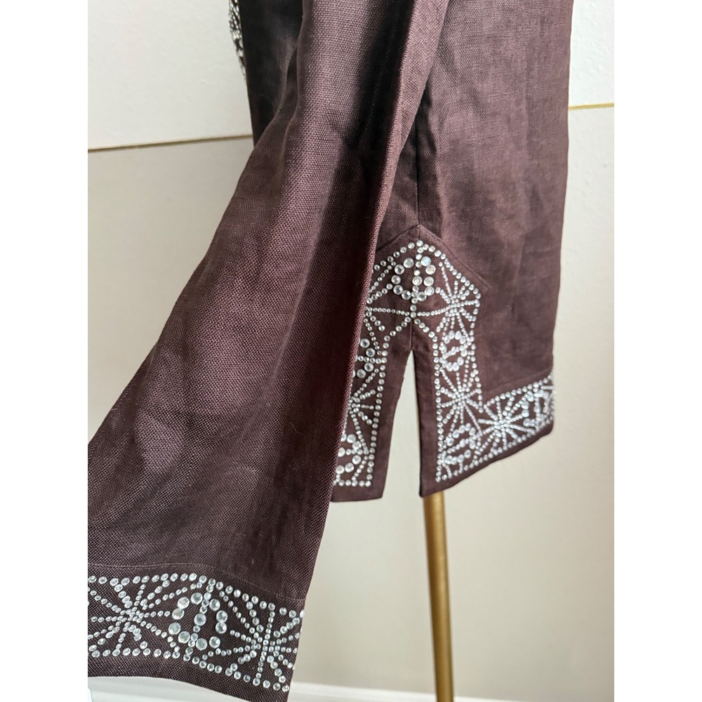 Vintage Tory Burch Brown Linen Crystal Bling Embellished Tunic Top Fall SZ 6 NWT - Picture 9 of 9